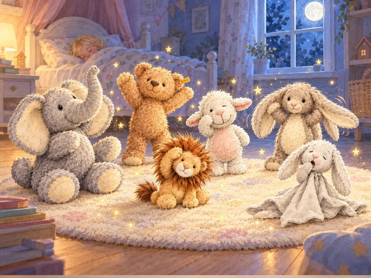 Illustration: Kuscheltiere erwachen im Kinderzimmer