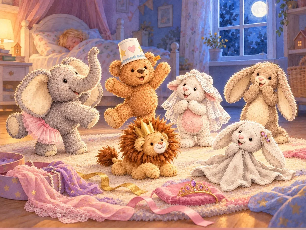 Illustration: Kuscheltiere verkleiden sich als Prinzessinnen
