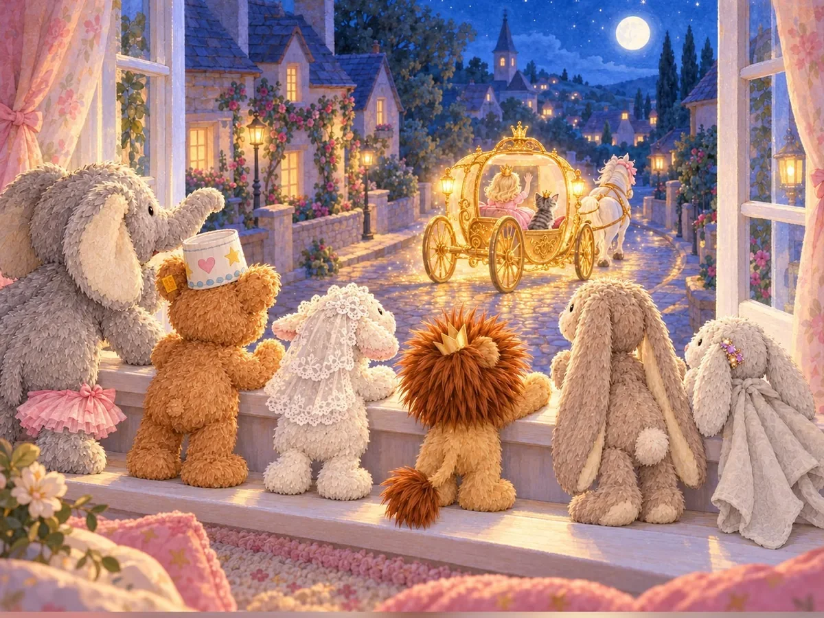 Illustration Seite 3: Die Kuscheltiere schauen vom Fenster auf die goldene Kutsche